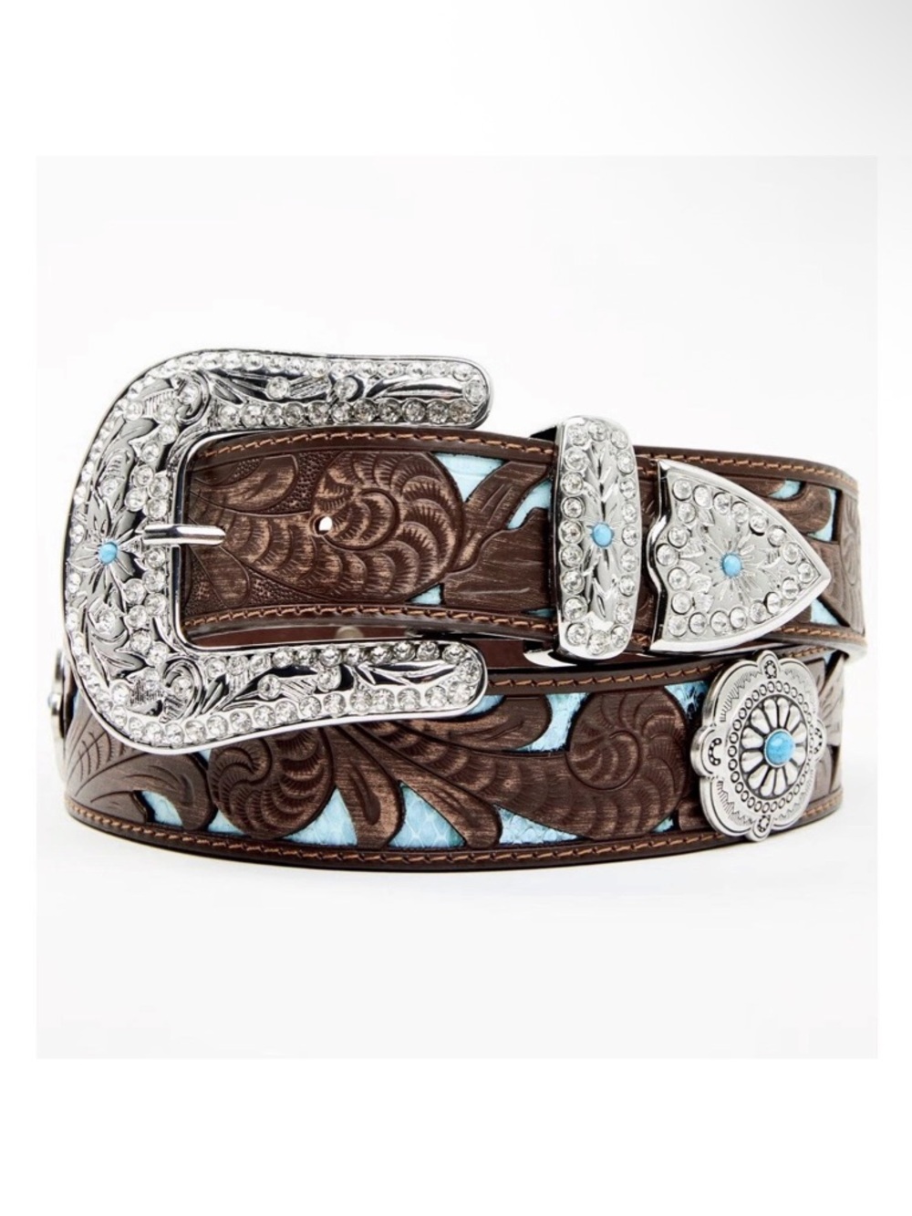 Shyanne Brown & Turquoise Tooled Leather Silver Turquoise Concho Belt NWT Sz S/M